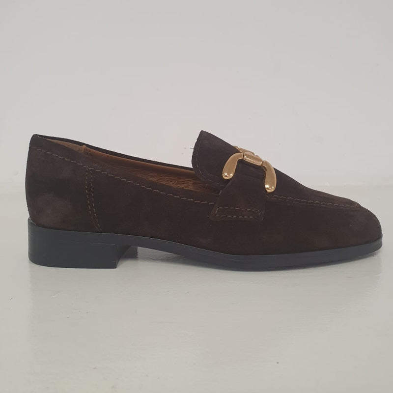 Delizioso mocassino scamosciato in testa di moro con fibba oro in dettaglio.  Nuovo mocassino classico e chic!